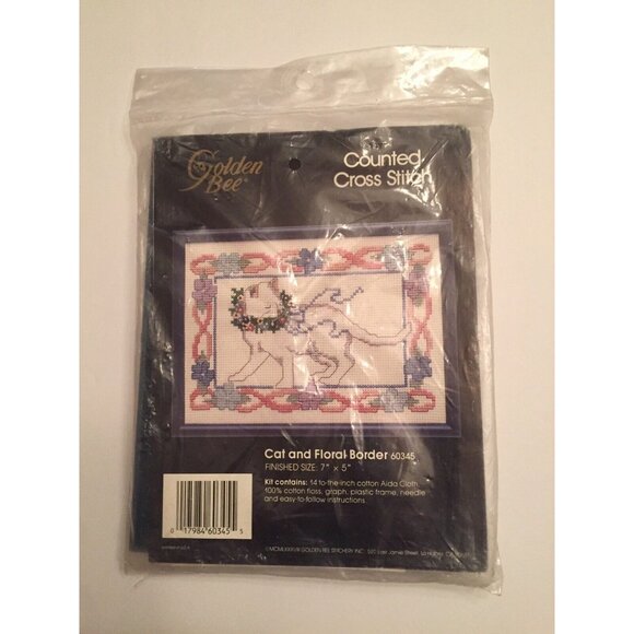 Golden Bee Counted Cross Stitch Kit Cat Floral Border 60345 Embroidery 7x5 NOS - Picture 7 of 9